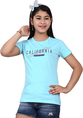 Telesto Girls Printed Cotton Blend T Shirt(Blue, Pack of 1)