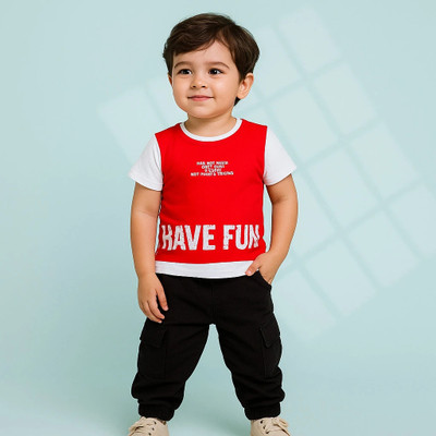 MiniMighty Baby Boys Printed, Colorblock Cotton Blend Regular T Shirt(Red, Pack of 1)