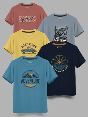 Hellcat Boys Printed Cotton Blend Regular T Shirt(Multicolor, Pack of 5)