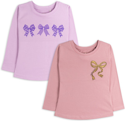 Ariel Girls Printed Pure Cotton Regular T Shirt(Multicolor, Pack of 2)