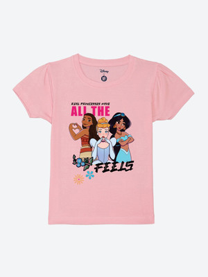 YK Disney Girls Printed Cotton Blend Regular T Shirt(Pink, Pack of 1)