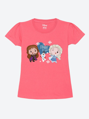 WYM TREND Girls Printed Pure Cotton Regular T Shirt(Pink, Pack of 1)