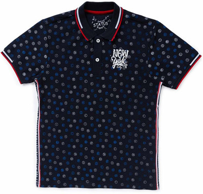 Status Quo Boys Printed Pure Cotton Regular T Shirt(Dark Blue, Pack of 1)