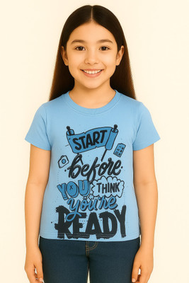 GUCHU Girls Graphic Print Pure Cotton Regular, Slim T Shirt(Light Blue, Pack of 1)