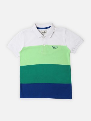 Pepe Jeans Boys Striped Pure Cotton T Shirt(Green, Pack of 1)