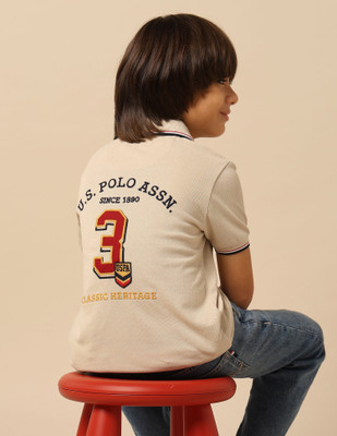 U.S. POLO ASSN. Boys Graphic Print Pure Cotton Regular T Shirt(Beige, Pack of 1)