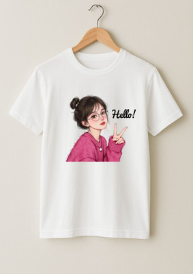 Kid's Yuga Girls Printed Polyester Regular T Shirt(White, Pack of 1)