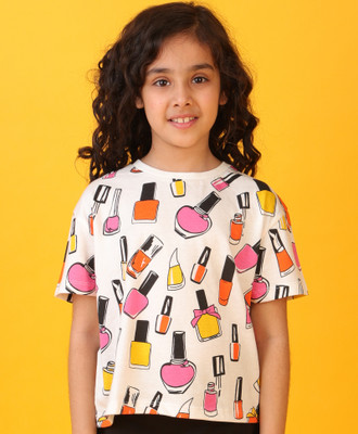 anthrilo Baby Girls Printed Cotton Blend Regular T Shirt(White, Pack of 1)