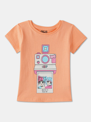 R&B Girls Graphic Print Pure Cotton Regular T Shirt(Orange, Pack of 1)