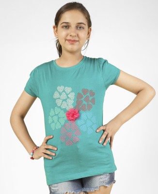 KYDA Girls Printed Pure Cotton Slim T Shirt(Light Green, Pack of 1)