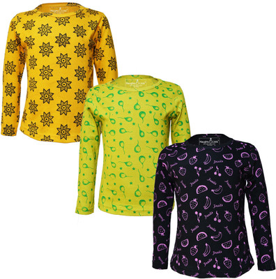Eazy Trends Girls Printed Pure Cotton Regular T Shirt(Multicolor, Pack of 3)