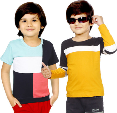 Mojua Boys Striped Pure Cotton Regular T Shirt(Multicolor, Pack of 2)