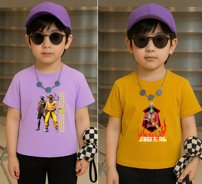 Lecowar Boys Printed Polyester Regular T Shirt(Purple, Yellow, Pack of 1)