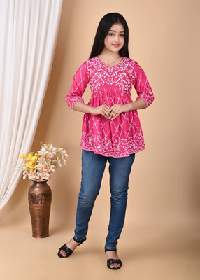 HouseOfCommon Girls Rayon A-line Top(Pink, Pack of 1)
