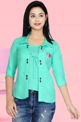 ALISHAFABRIC Girls Party Georgette Top(Green, Pack of 1)