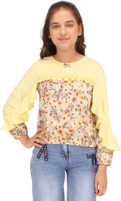 Cutecumber Girls Casual Georgette Crop Top(Yellow, Pack of 1)