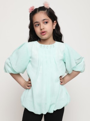 Niya Girls Casual Polyester Viscose Blend Top(Green, Pack of 1)