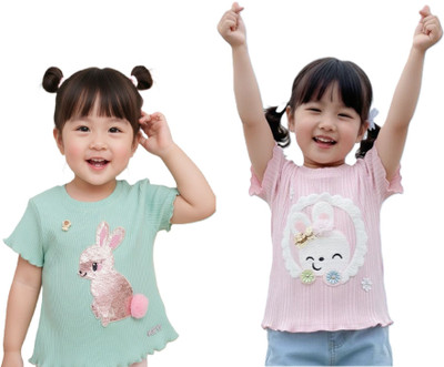 KETI MINI Girls Casual Pure Cotton Top(Multicolor, Pack of 2)