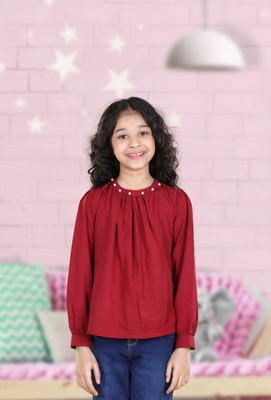 CUTIEKINS Girls Casual Polyester A-line Top(Maroon, Pack of 1)
