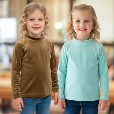 salvia Girls Casual Velvet Full Sleeve Top(Brown, Blue, Pack of 2)