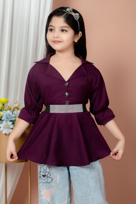 NewlizaFashion Girls Party Cotton Blend A-line Top(Purple, Pack of 1)