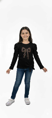 truffles Girls Casual Cotton Blend Fashion Sleeve Top(Black, Pack of 1)