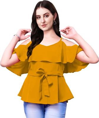 ORIEX Girls Casual Poly Crepe Layered Top(Yellow, Pack of 1)