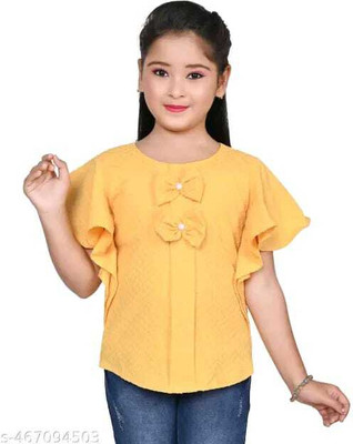 Daffodil Girls Chiffon Ruffeld Top(Yellow, Pack of 1)