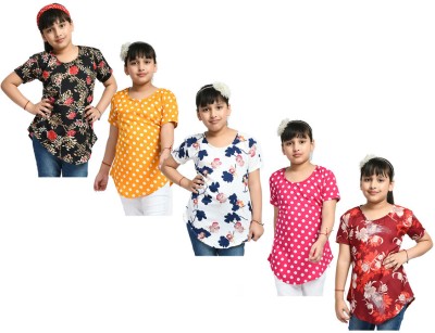 IndiWeaves Girls Casual Crepe A-line Top(Multicolor, Pack of 5)