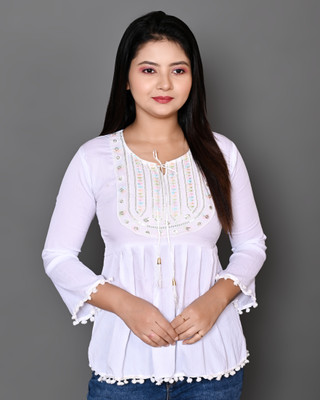 ARIYAN DRESSES Girls Party Cotton Blend A-line Top(White, Pack of 1)