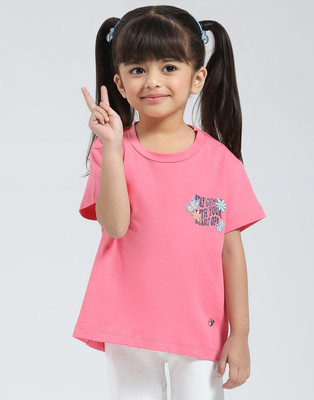 MONTE CARLO Girls Printed Cotton Blend Regular T Shirt(Pink, Pack of 1)
