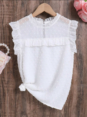 MAMATHINK Girls Casual Georgette Gathered Top(White, Pack of 1)