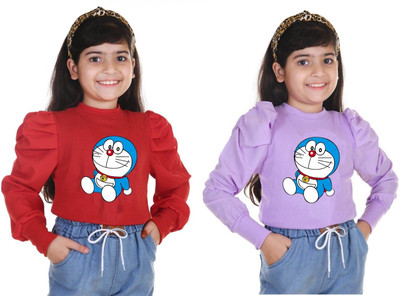 Big Hub Girls Casual Cotton Blend Fashion Sleeve Top(Multicolor, Pack of 2)