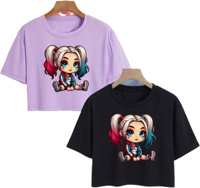 Mishti Fashion Girls Party Cotton Blend Crop Top(Purple, Black, Pack of 2)