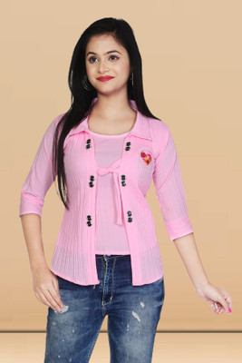ChromaFashion Girls Casual Georgette Shirt Style Top(Pink, Pack of 1)
