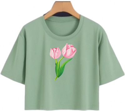 Loom & Line Girls Casual Cotton Blend Crop Top(Dark Green, Pack of 1)