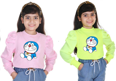 Big Hub Girls Casual Cotton Blend Fashion Sleeve Top(Multicolor, Pack of 2)