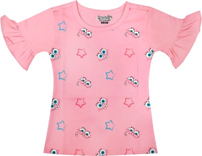 ETEENZ Girls Printed Cotton Blend T Shirt(Pink, Pack of 1)
