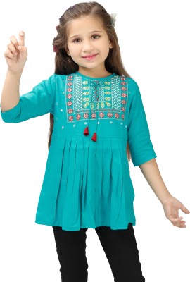 Ishti Girls Casual Rayon A-line Top(Green, Pack of 1)