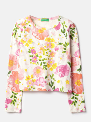 United Colors of Benetton Girls Casual Cotton Blend Top(White, Pack of 1)