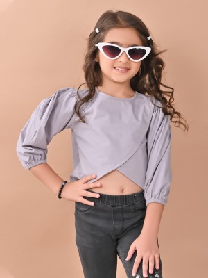 Lilpicks Girls Casual Cotton Blend Top(Grey, Pack of 1)