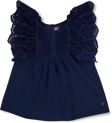 GINI & JONY Girls Cotton Blend Ruffled Top(Dark Blue, Pack of 1)