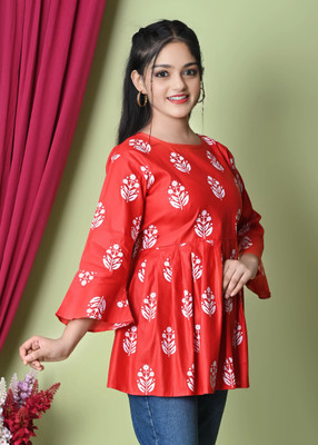 NEBRASKA Girls Casual Rayon A-line Top(Red, Pack of 1)