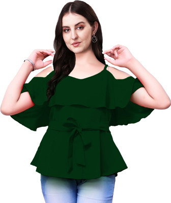 ORIEX Girls Casual Poly Crepe Layered Top(Dark Green, Pack of 1)