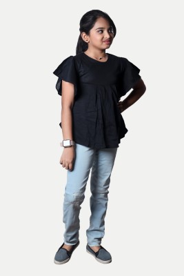 radprix Girls Casual Pure Cotton Fashion Sleeve Top(Black, Pack of 1)