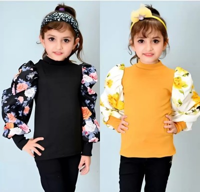 WARWALSONS Girls Cotton Silk Fashion Sleeve Top(Black, Pack of 2)