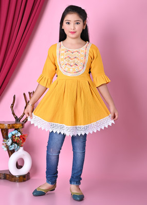 MSGarments Girls Casual Cotton Blend A-line Top(Yellow, Pack of 1)