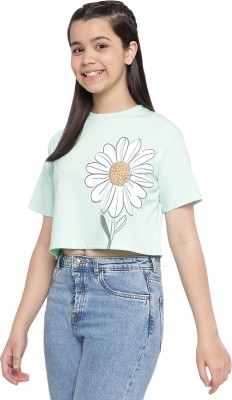 li'l tomatoes Girls Floral Print Cotton Blend Regular T Shirt(Green, Pack of 1)