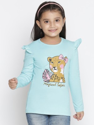Spyby Girls Casual Cotton Blend A-line Top(Light Blue, Pack of 1)