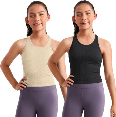 BRAAFEE Girls Casual Cotton Blend Crop Top(Black, Beige, Pack of 2)